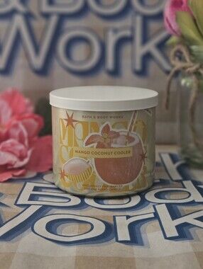 NWT Bath & Body Works Mango Coconut Cooler 3-wick Candle - White, Yellow